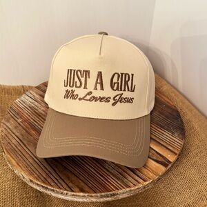 New Just A Girl Who Loves Jesus Embroidered Trucker Hat in Neutral Tan and Cream